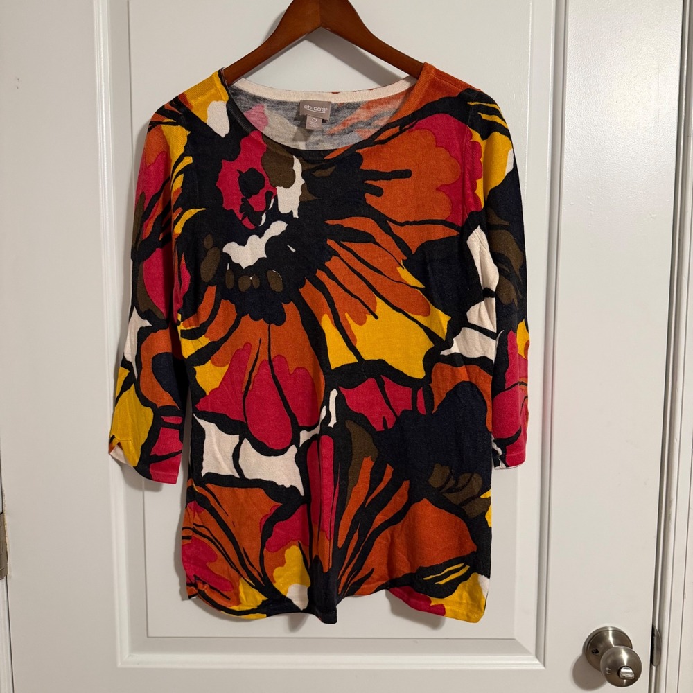 Chico's Floral Print Cashmere Blend Sweater 3/4 Sleeve Multi-Color Size 0 S